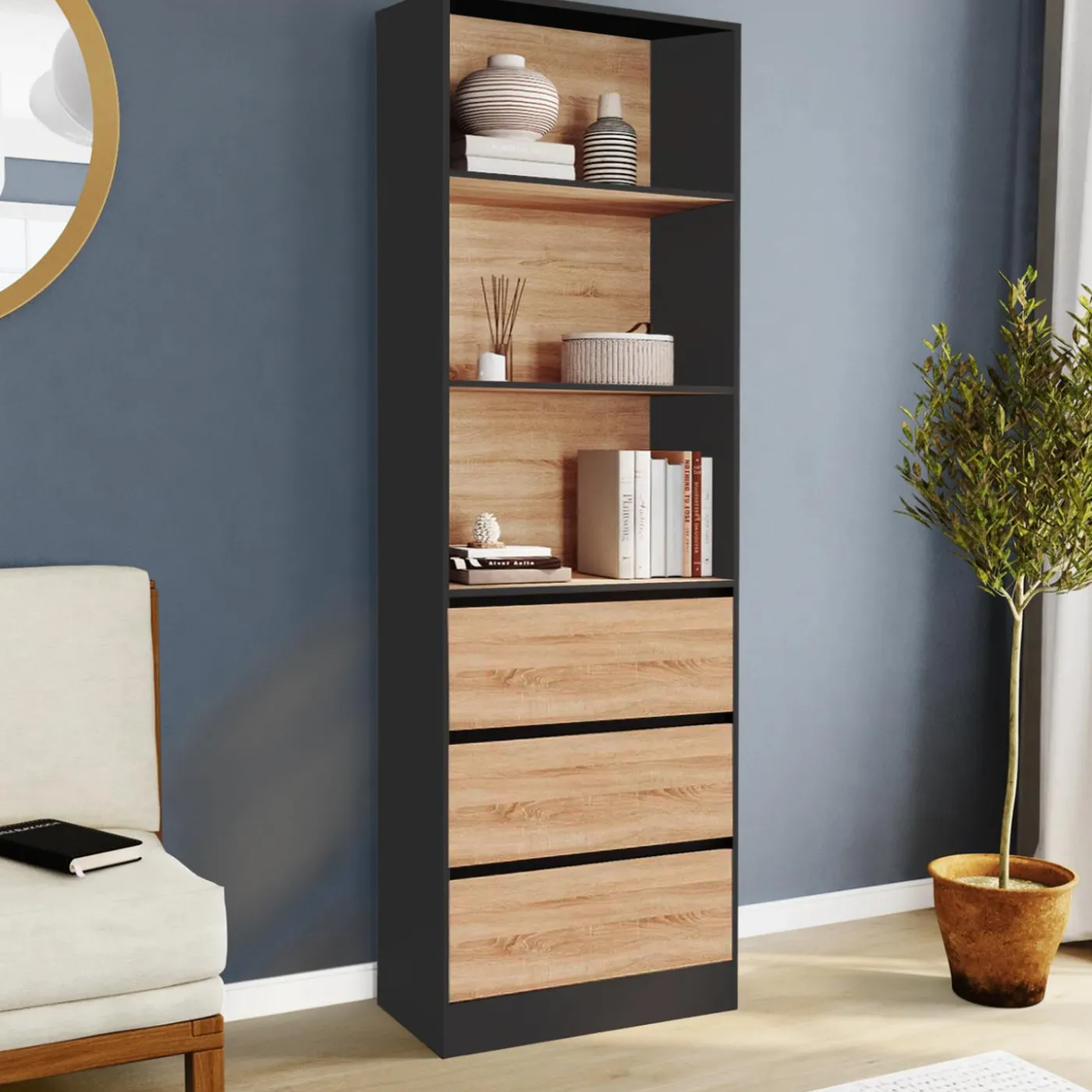 Étagère bibliothèque bois et noir 3 tiroirs 3 niveaux H.190cm