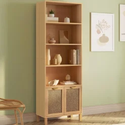 Étagère bibliothèque cannage et bois 4 niveaux avec placard