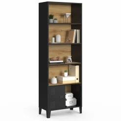 Étagère bibliothèque industrielle bois et noir 4 niveaux avec placard portes métalliques