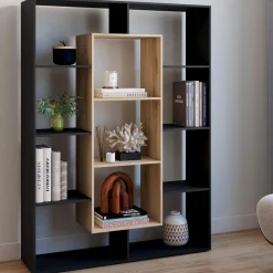 Étagère bibliothèque noire et bois 143 cm 11 compartiments