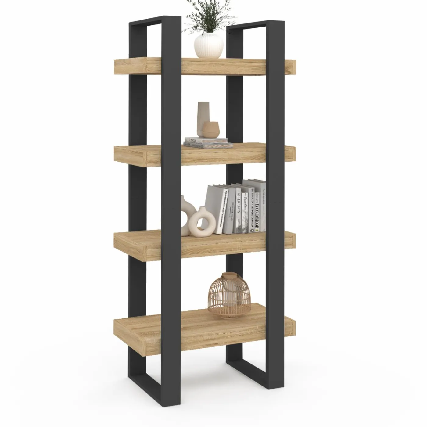 Étagère bibliothèque noire et bois 160 cm