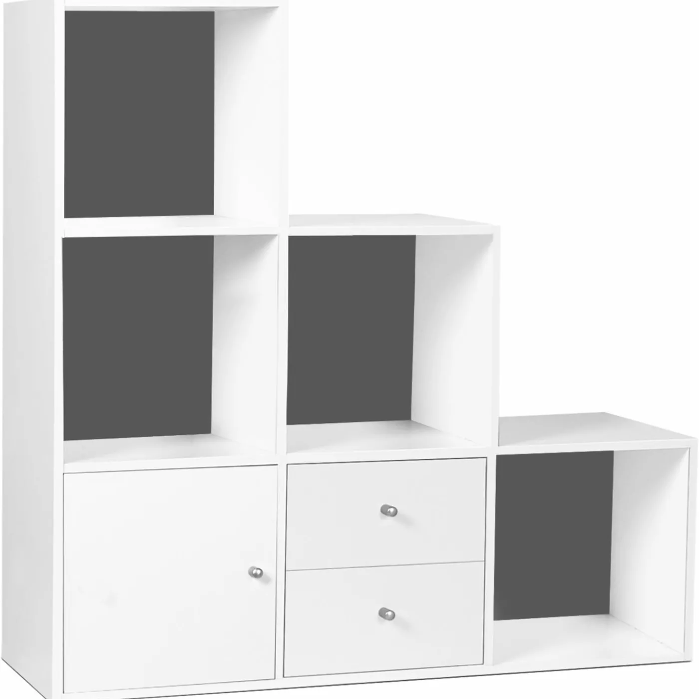 Étagère escalier bois blanc fond gris 6 cases