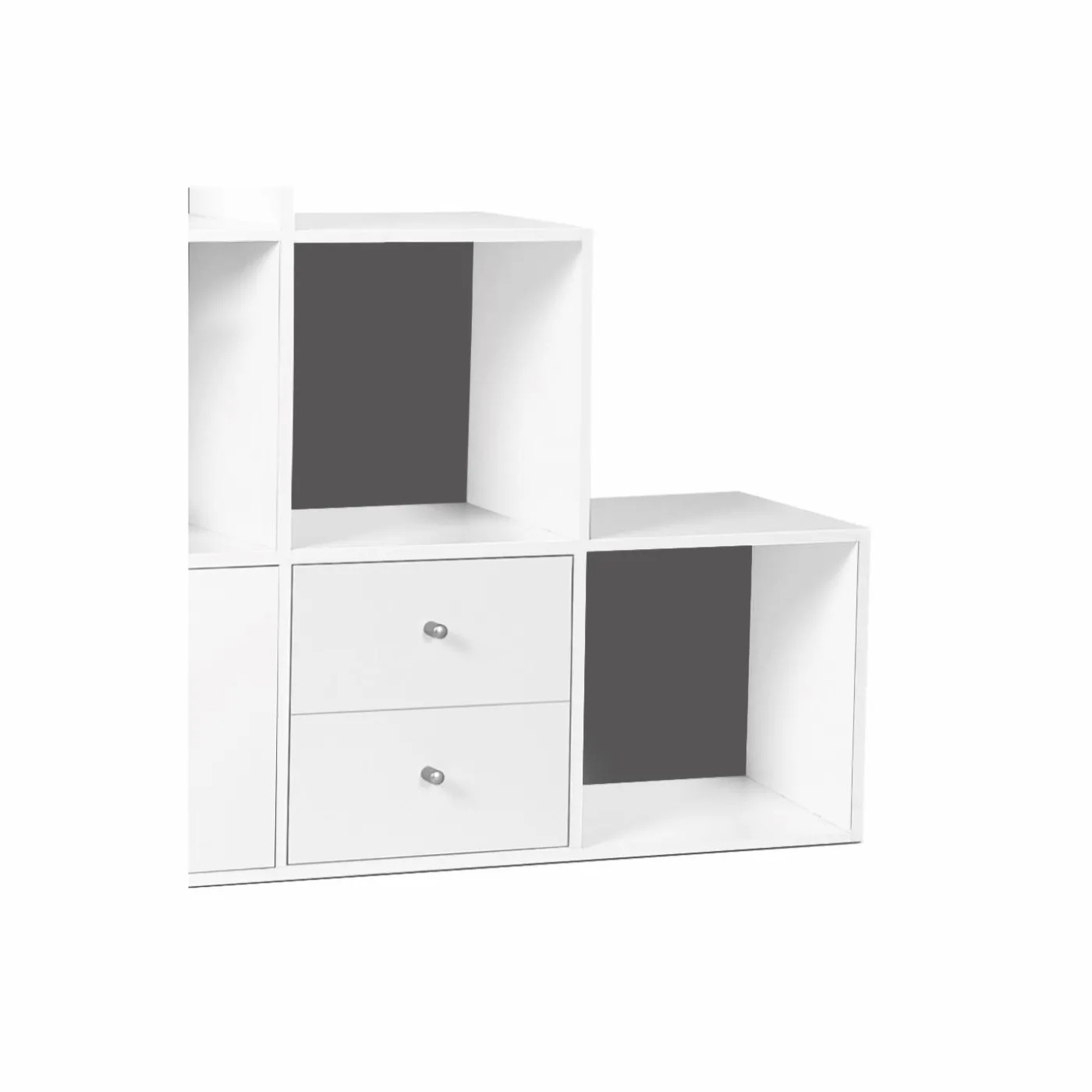 Étagère escalier bois blanc fond gris 6 cases