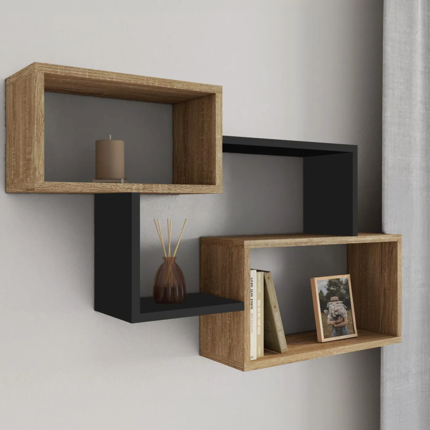Étagère murale bois façon hêtre et noir double position
