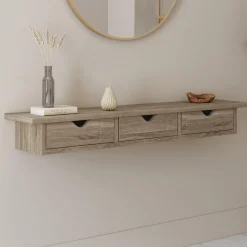Étagère murale console d'entrée bois façon hêtre 3 tiroirs