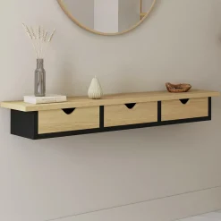 Étagère murale console d'entrée effet bois et noir 3 tiroirs