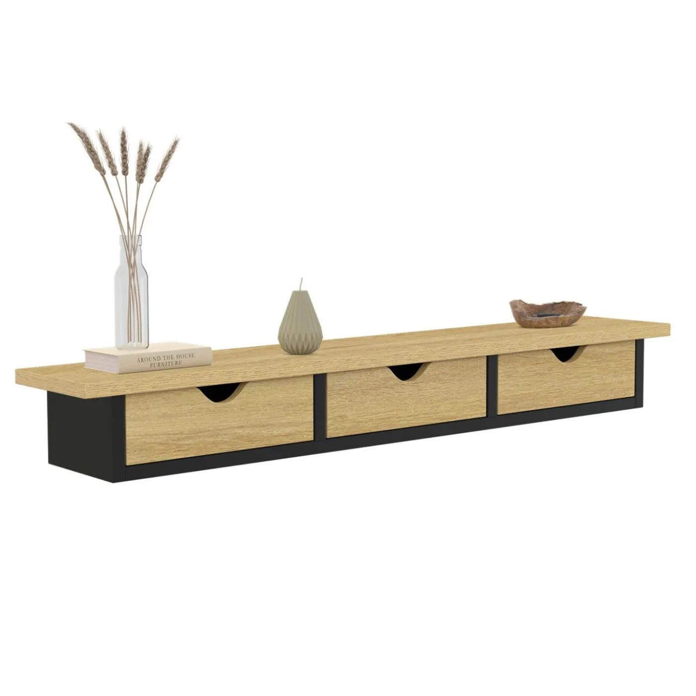Étagère murale console d'entrée effet bois et noir 3 tiroirs