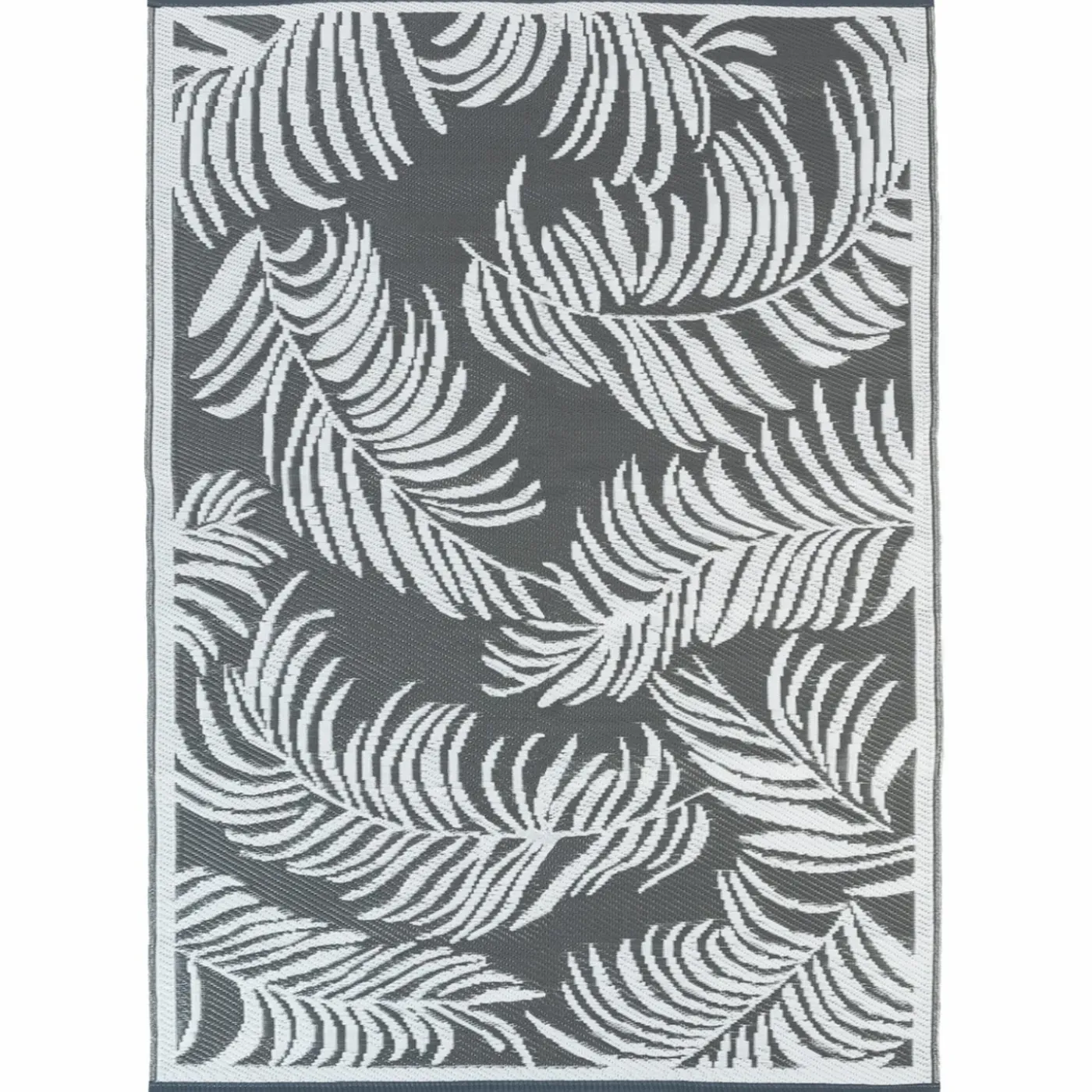 Tapis extérieur gris et blanc motifs tropicaux 270 x 370 cm