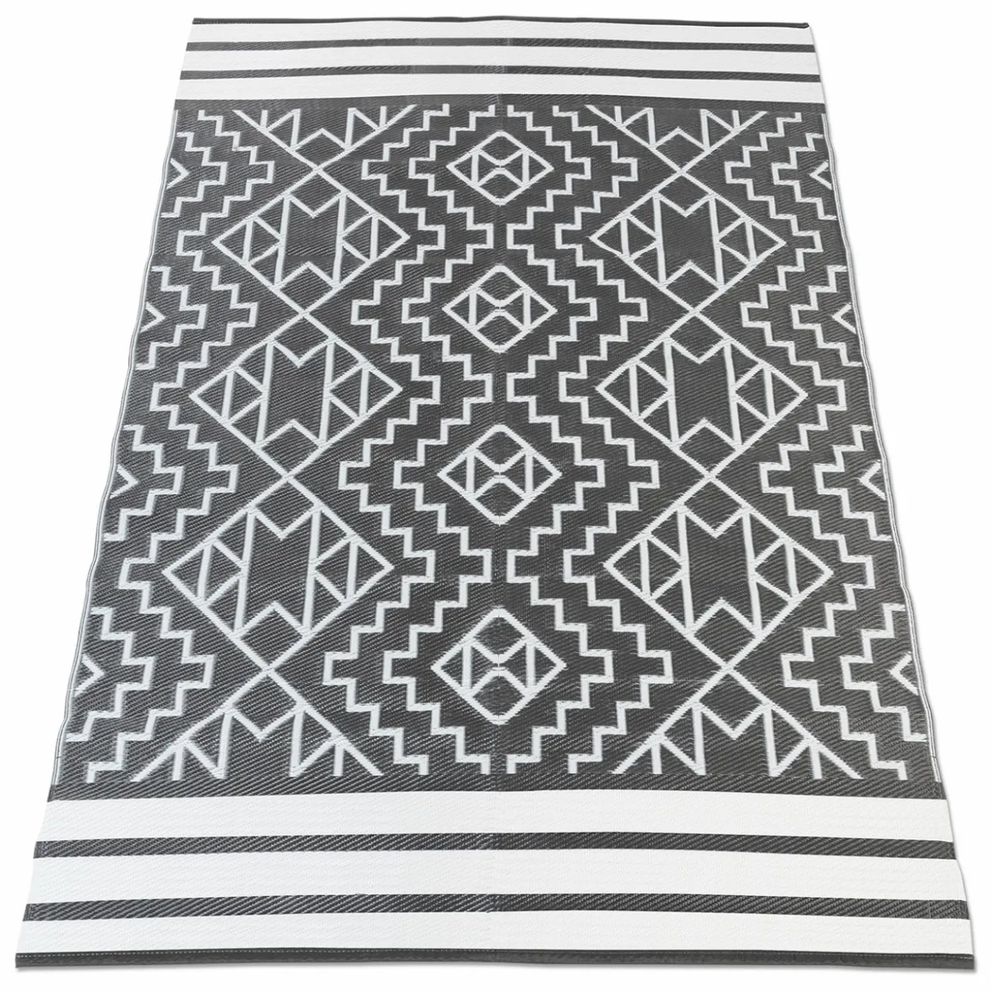 Tapis extérieur gris et blanc motifs aztèques 160 x 240 cm