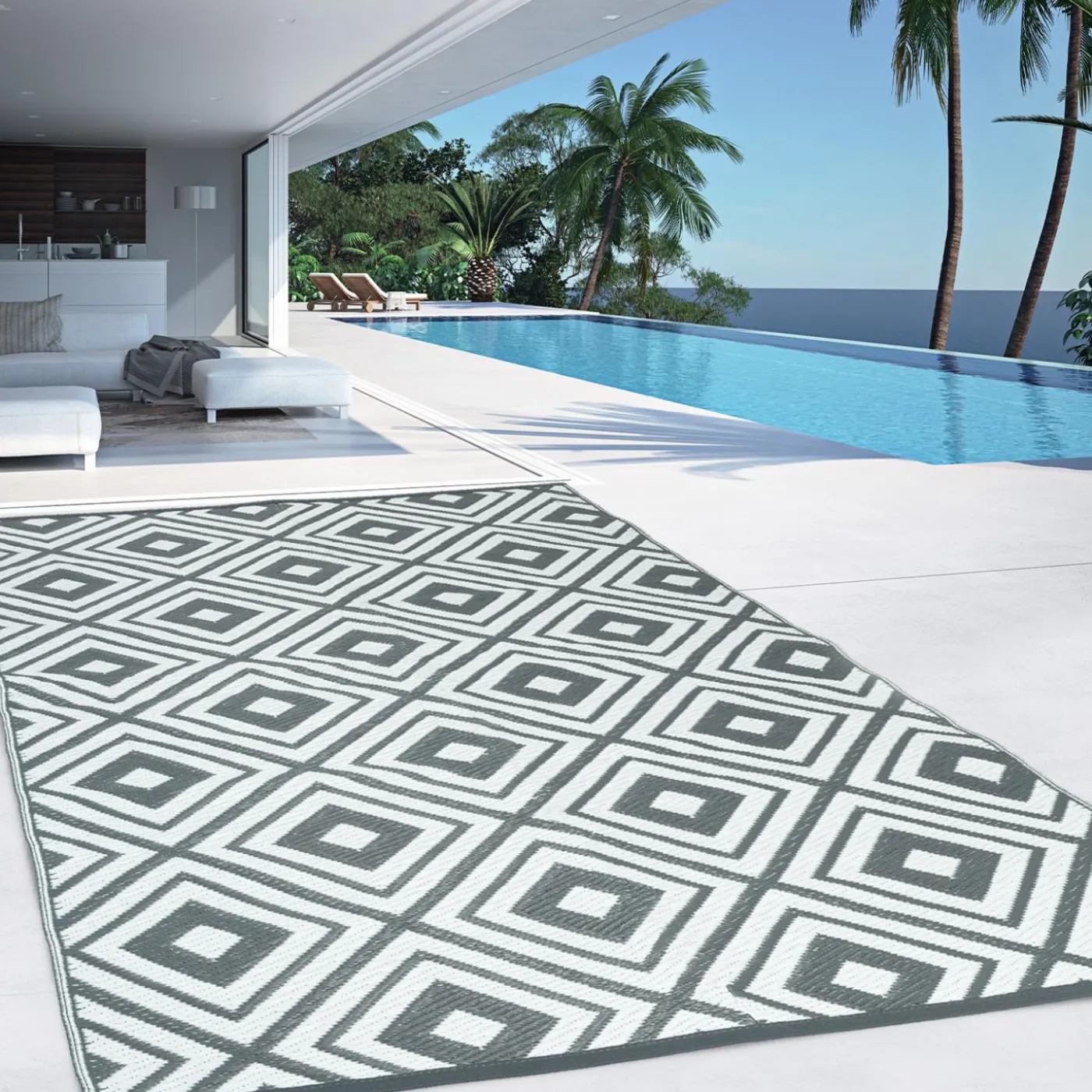 Tapis extérieur jardin motifs géométriques gris et blanc 270 x 370 cm