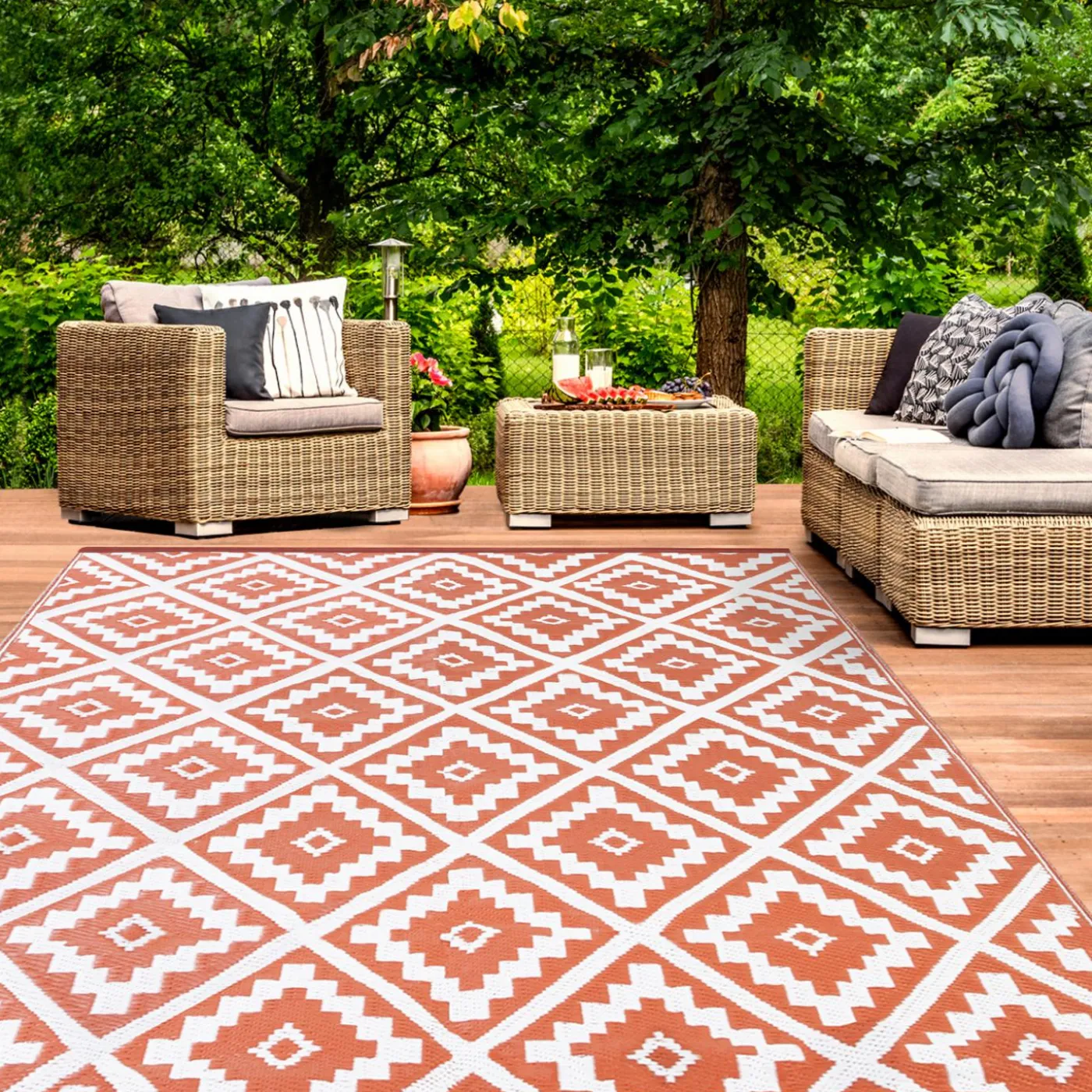Tapis extérieur terracotta motifs géométriques 270 x 370 cm