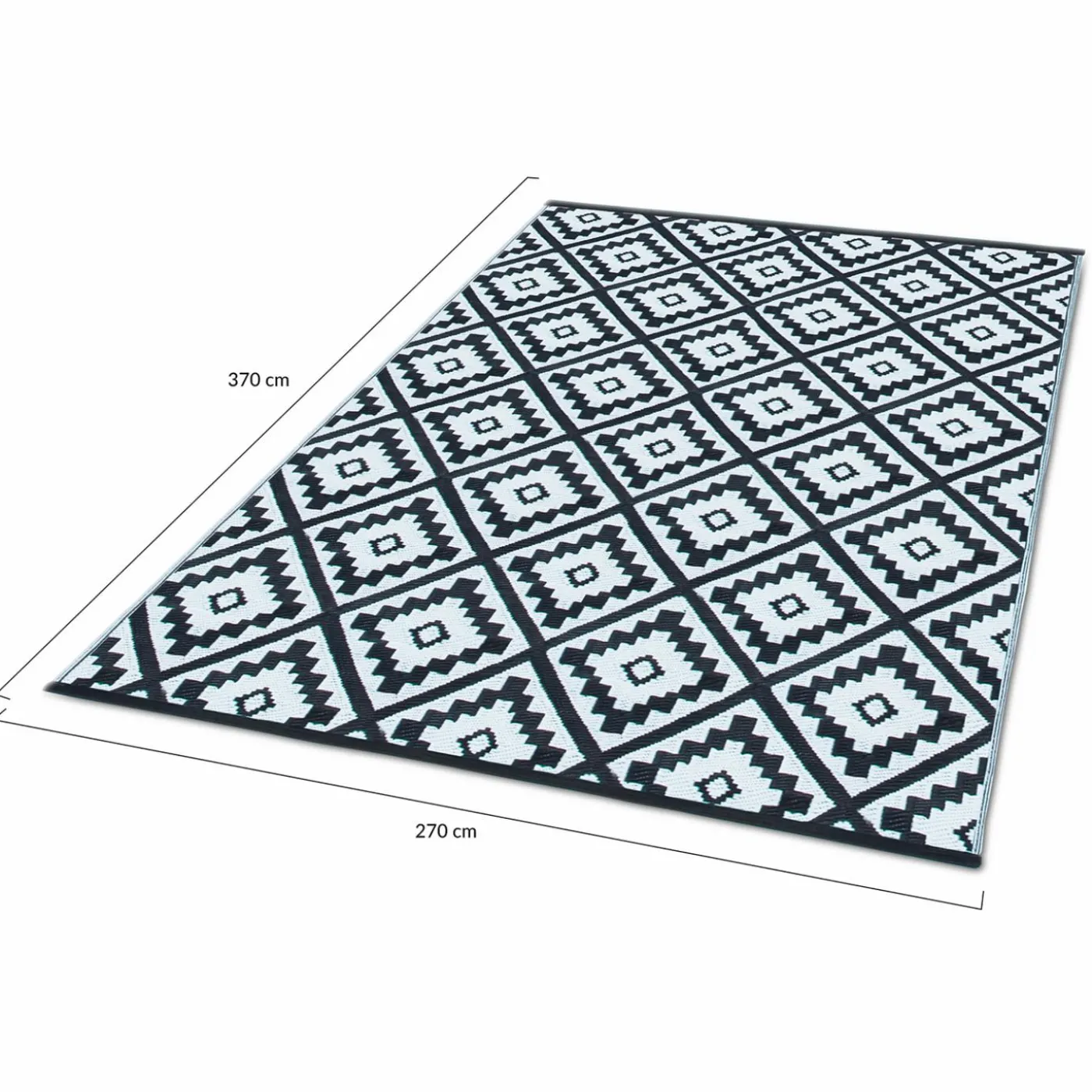 Tapis extérieur terrasse motifs géométriques noir et blanc 270 x 370 cm