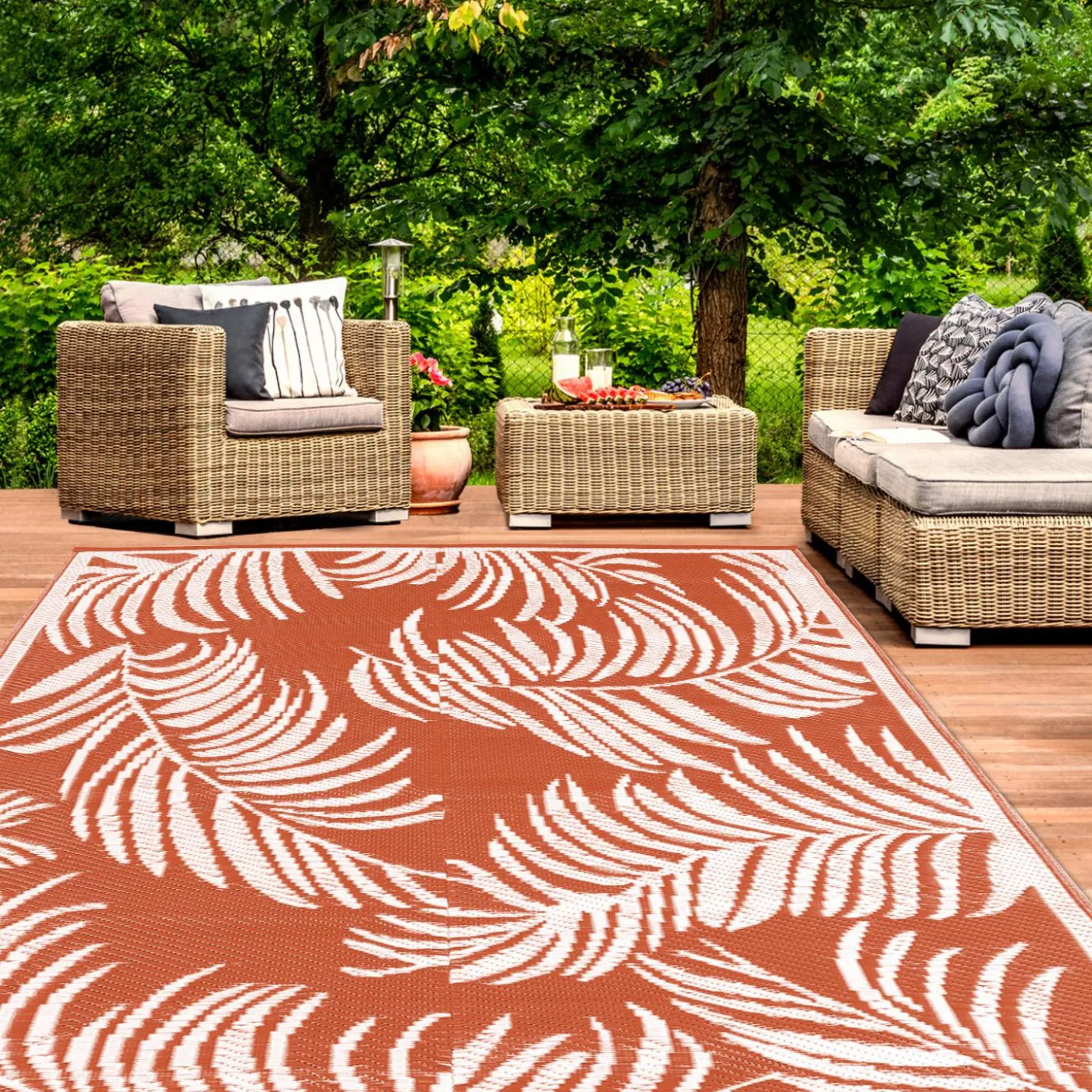 Tapis tropical d'extérieur terracotta et blanc