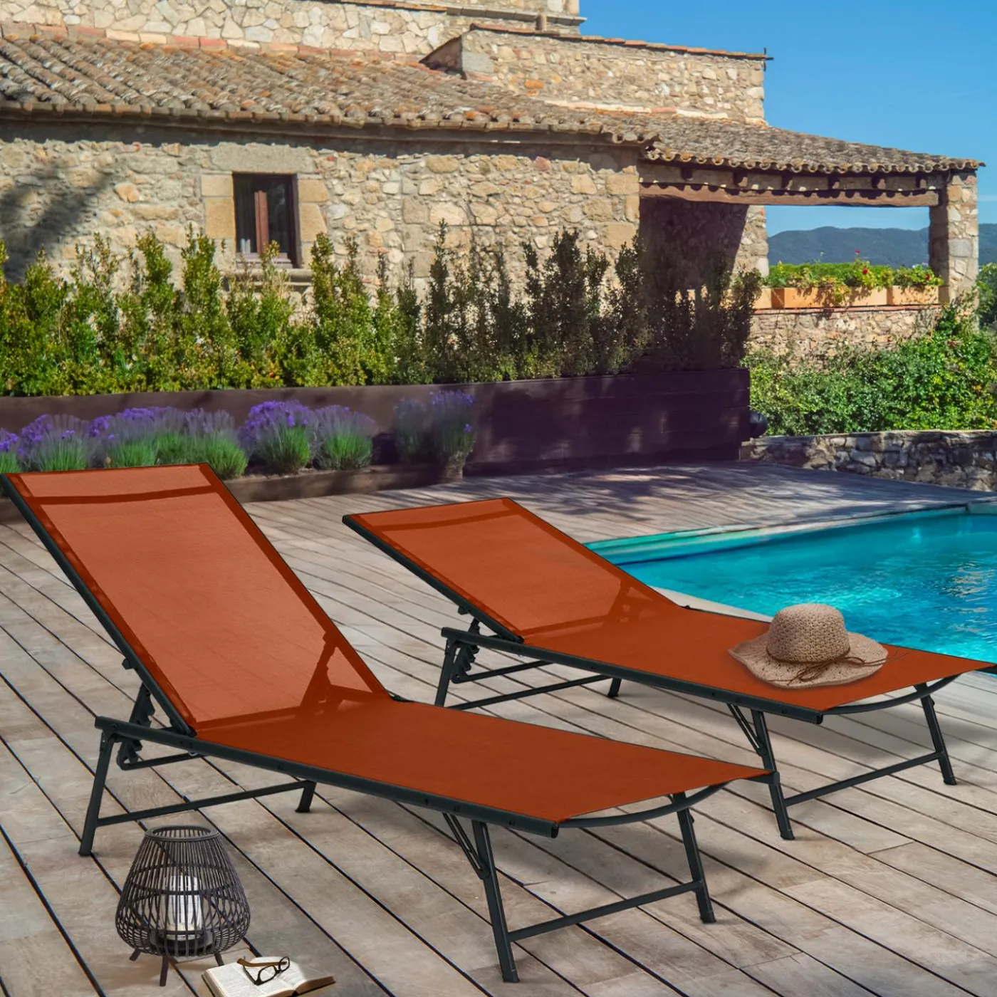 Transats de jardin acier gris anthracite et toile terracotta - lot de 2