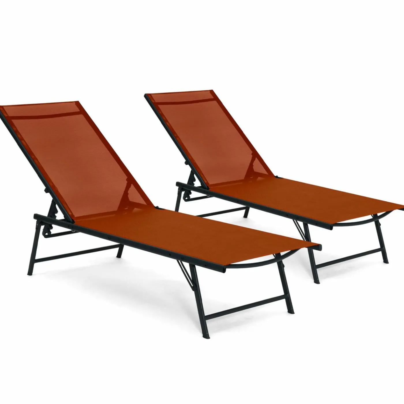 Transats de jardin acier gris anthracite et toile terracotta - lot de 2