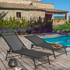 Transats de jardin acier gris anthracite et toile grise - lot de 2