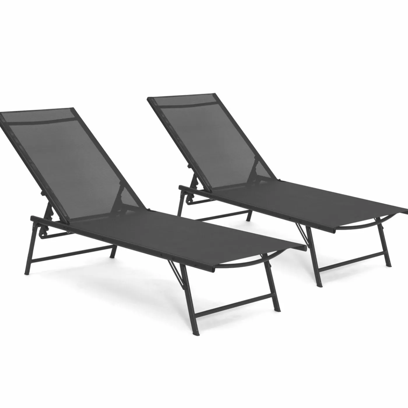 Transats de jardin acier gris anthracite et toile grise - lot de 2
