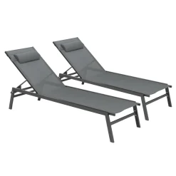 Transats de jardin aluminium gris et noir : lot de 2