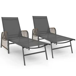 Transats de jardin inclinables gris anthracite avec accoudoirs cordage effet rotin