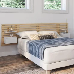 Tête de lit 240 cm en lattes de bois avec chevets et étagères blanches