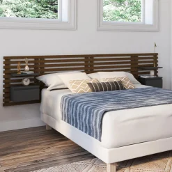 Tête de lit 240 cm en lattes façon bois vieilli avec chevets et étagères noires