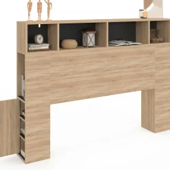 Tête de lit avec rangement intégré bois façon hêtre et noir 145 cm