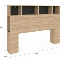 Tête de lit avec rangement intégré bois façon hêtre et noir 145 cm