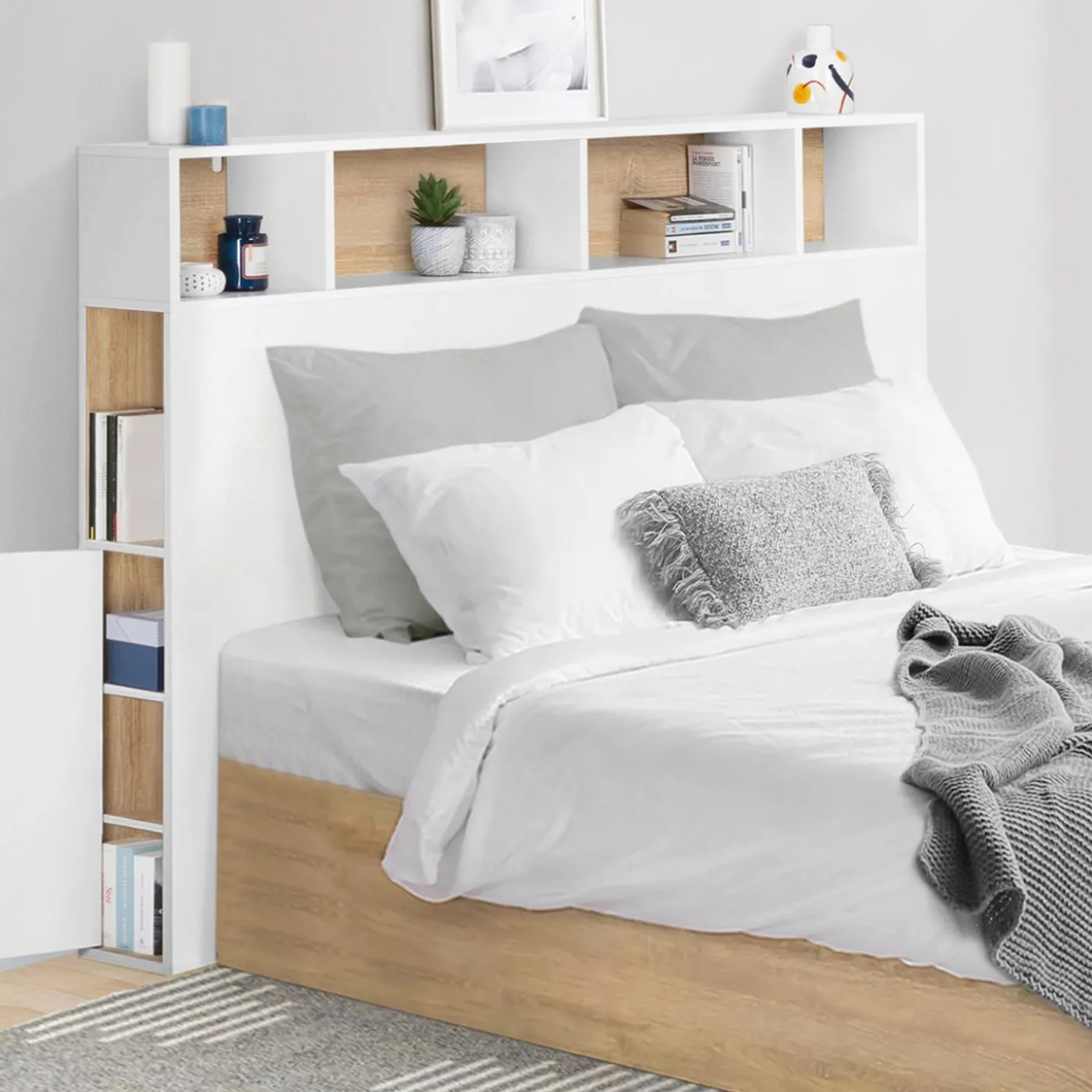 Tête de lit avec rangement intégré 145 cm blanc et bois façon hêtre