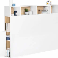 Tête de lit avec rangement intégré 145 cm blanc et bois façon hêtre