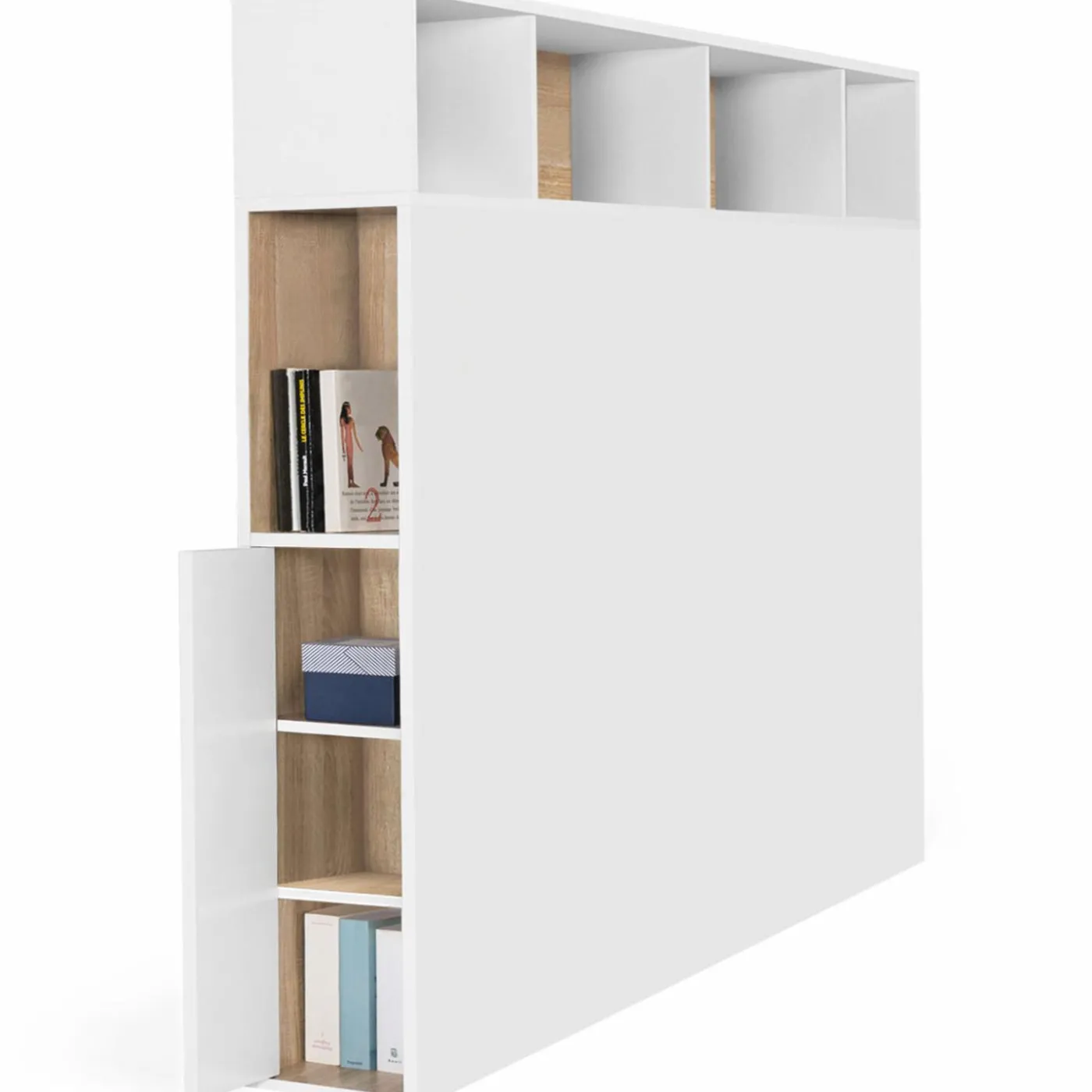 Tête de lit avec rangement intégré 145 cm blanc et bois façon hêtre