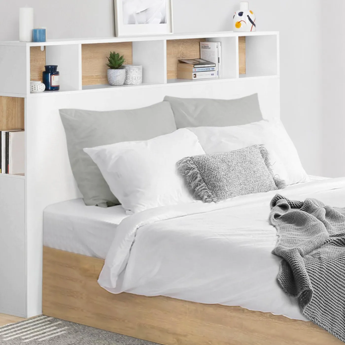 Tête de lit avec rangement intégré 145 cm blanc et bois façon hêtre