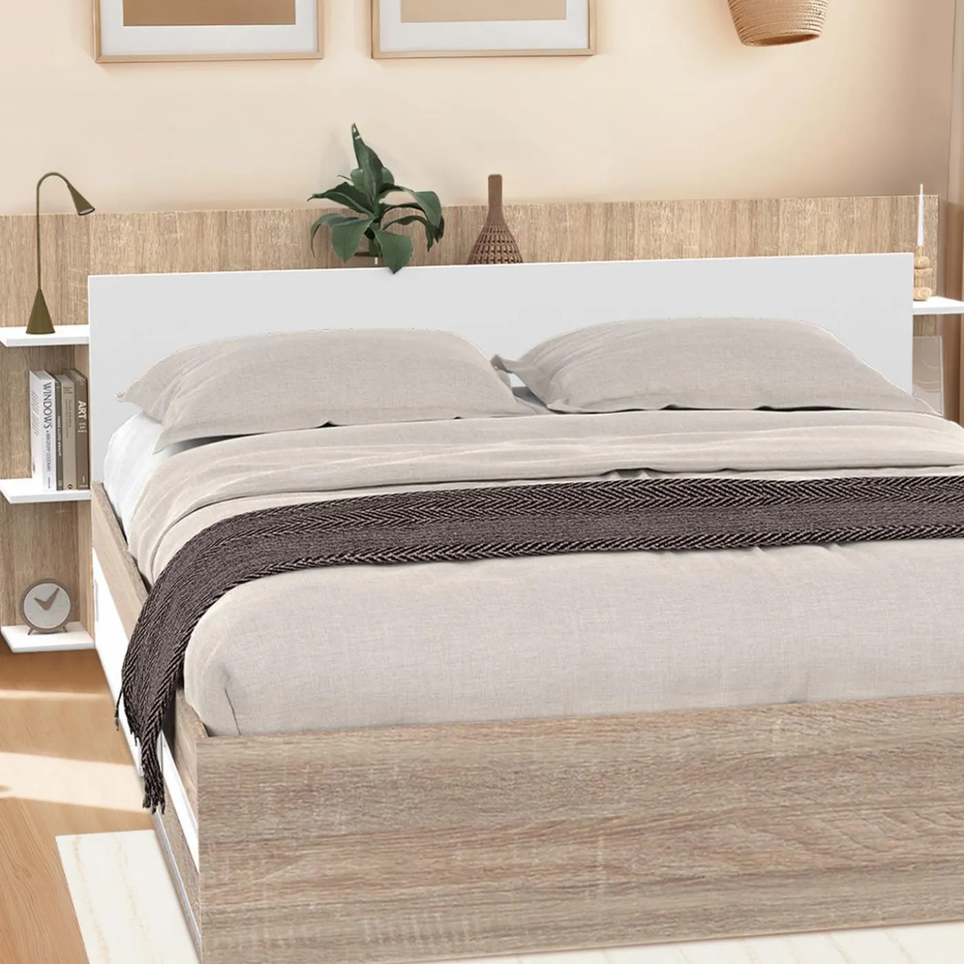 Tête de lit avec rangements blanc et bois sur pied