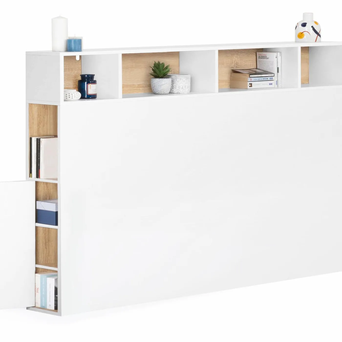 Tête de lit avec rangement intégré 165 cm blanc et bois façon hêtre