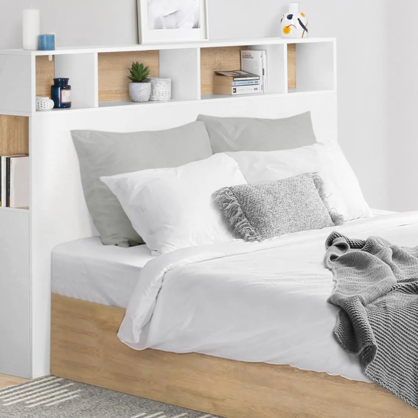 Tête de lit avec rangement intégré 165 cm blanc et bois façon hêtre