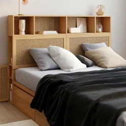 Tête de lit avec rangements fermés et niches cannage et bois 145cm