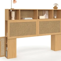 Tête de lit avec rangements fermés et niches cannage et bois 145cm