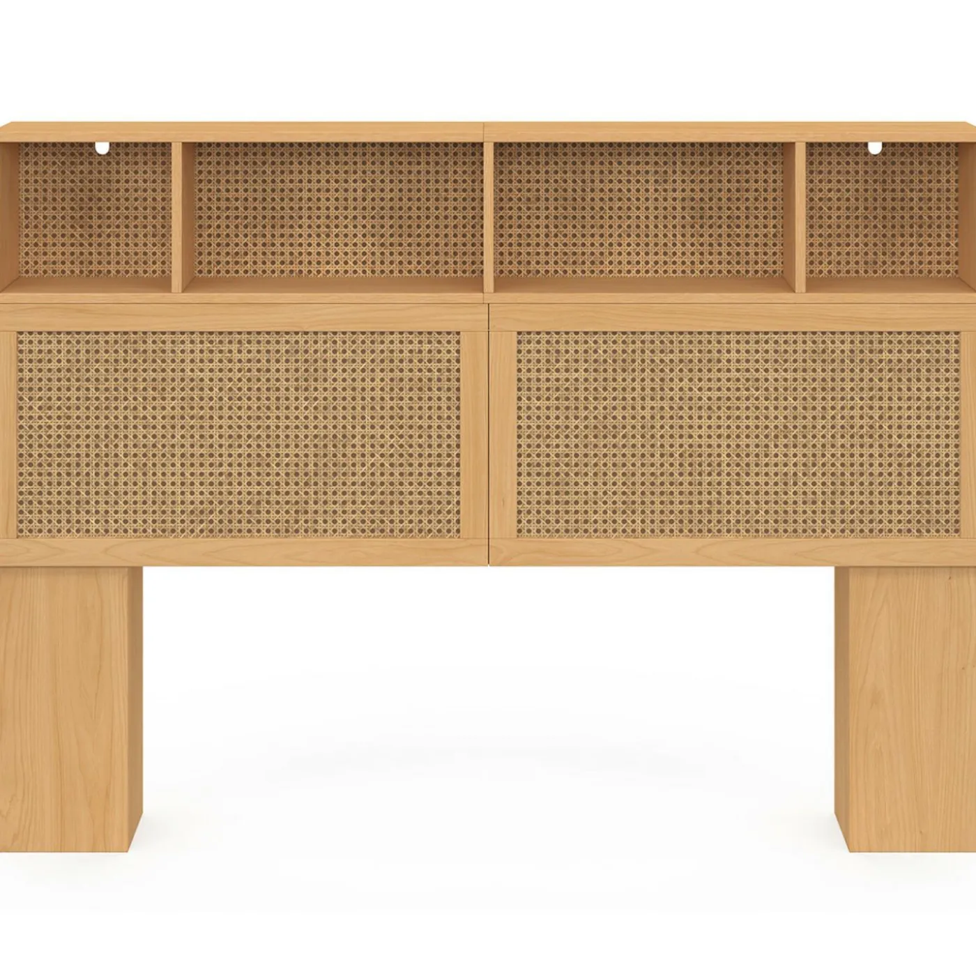 Tête de lit avec rangements fermés et niches cannage et bois 145cm
