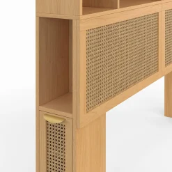 Tête de lit avec rangements fermés et niches cannage et bois 145cm