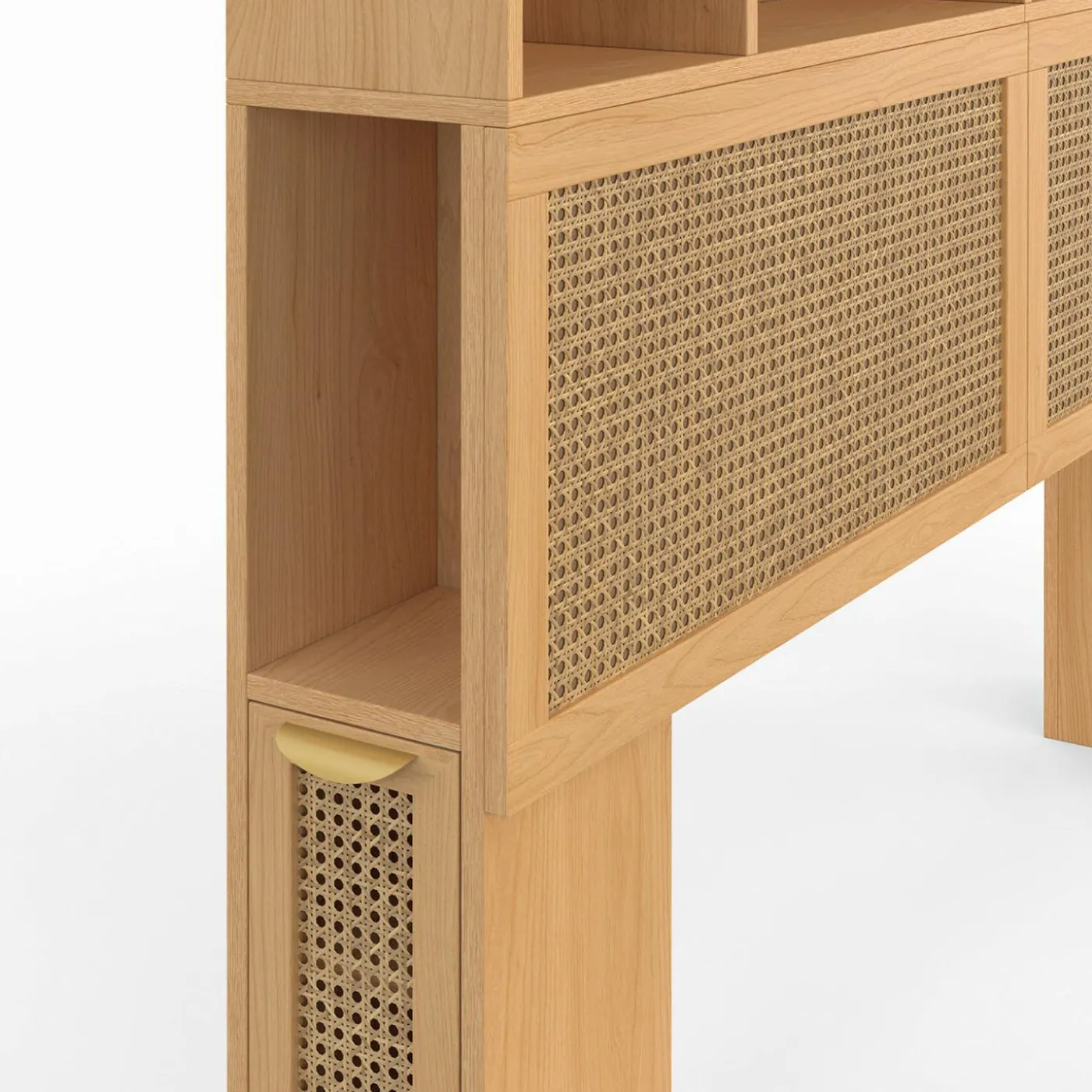 Tête de lit avec rangements fermés et niches cannage et bois 145cm