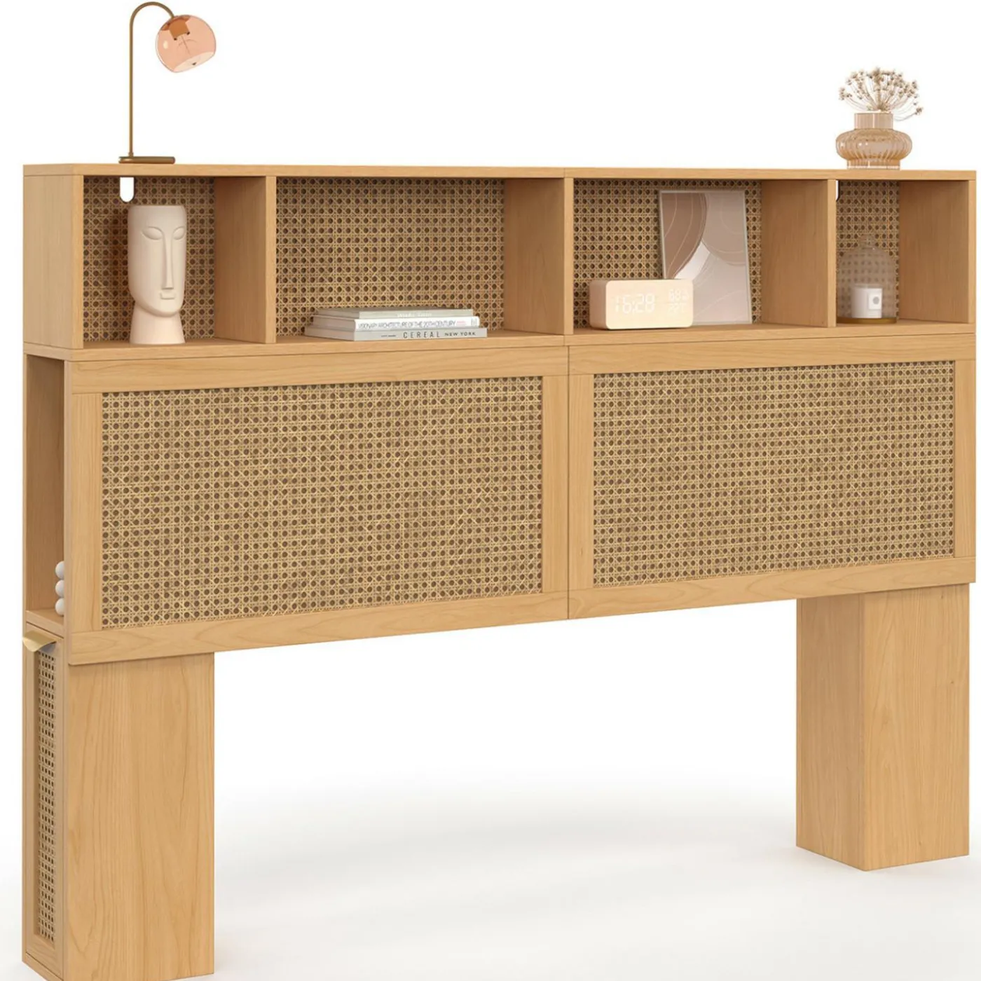 Tête de lit avec rangements fermés et niches cannage et bois 145cm