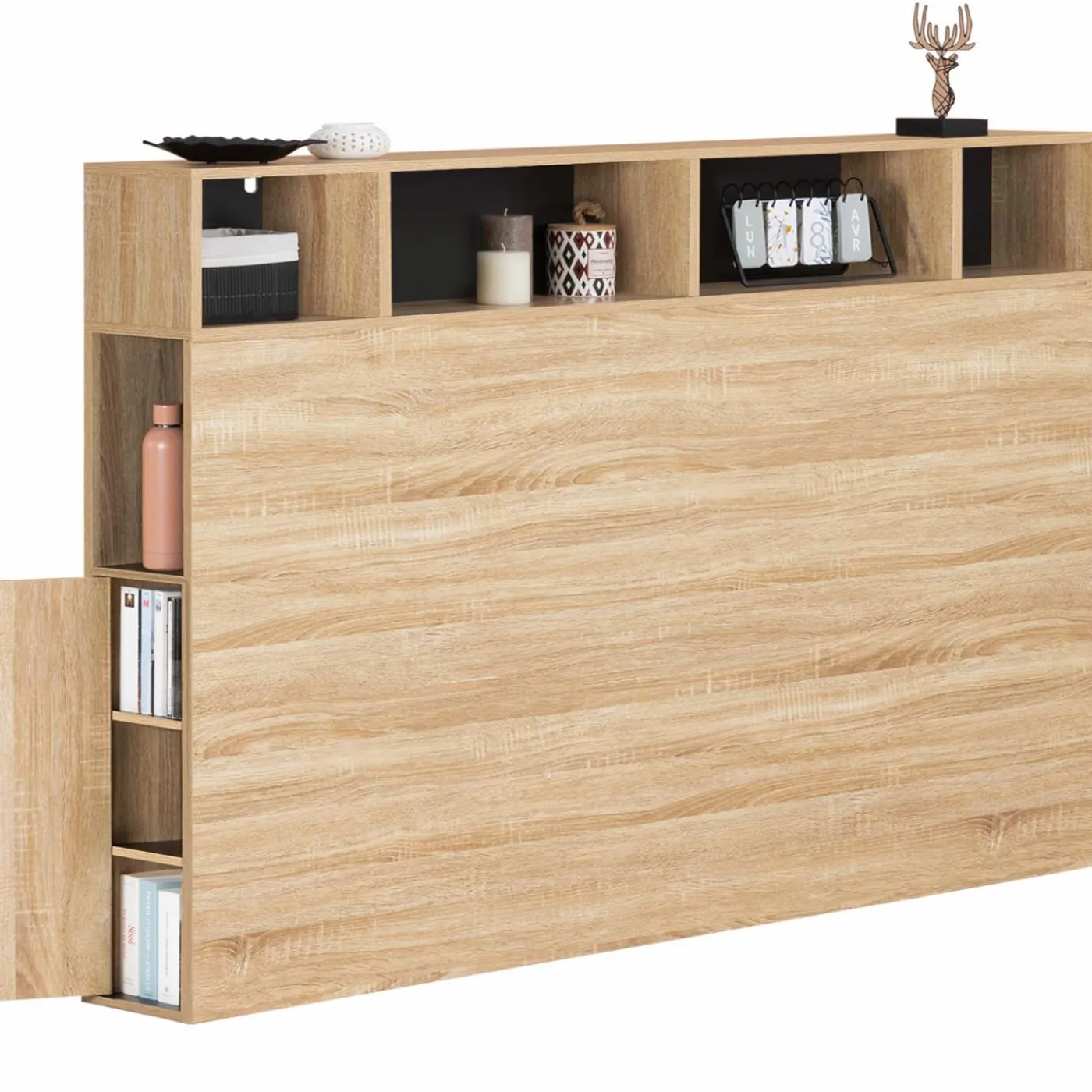 Tête de lit avec rangement intégré bois façon hêtre et noir 165 cm