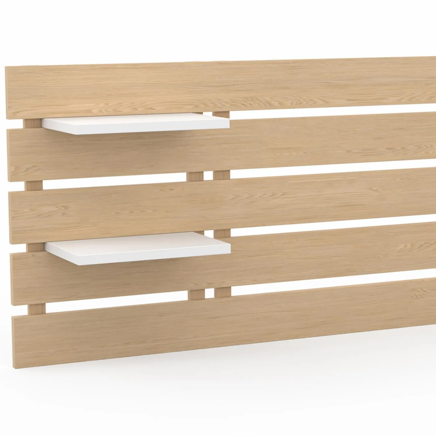 Tête de lit bois clair étagères blanches 5 larges lattes 240 cm