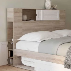 Tête de lit bois et blanc 145 cm avec rangements fermés et niches