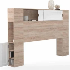 Tête de lit bois et blanc 145 cm avec rangements fermés et niches