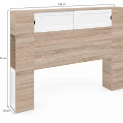 Tête de lit bois et blanc 145 cm avec rangements fermés et niches