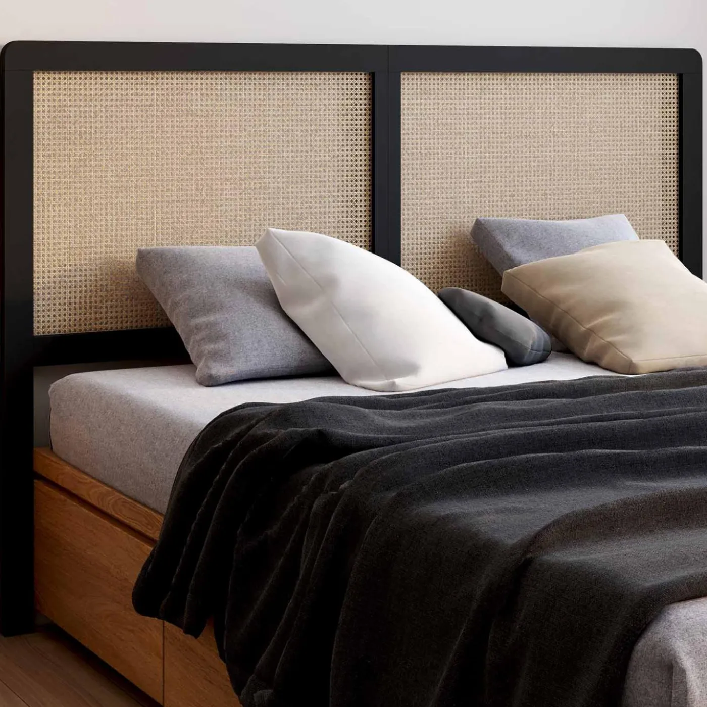 Tête de lit coloris noir et cannage 160 cm
