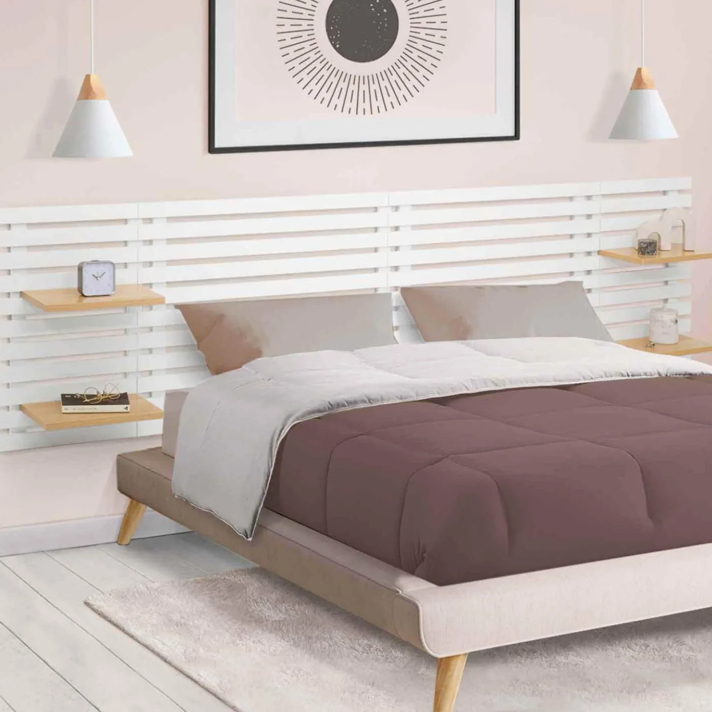 Tête de lit en lattes bois blanc étagères façon hêtre 240 cm