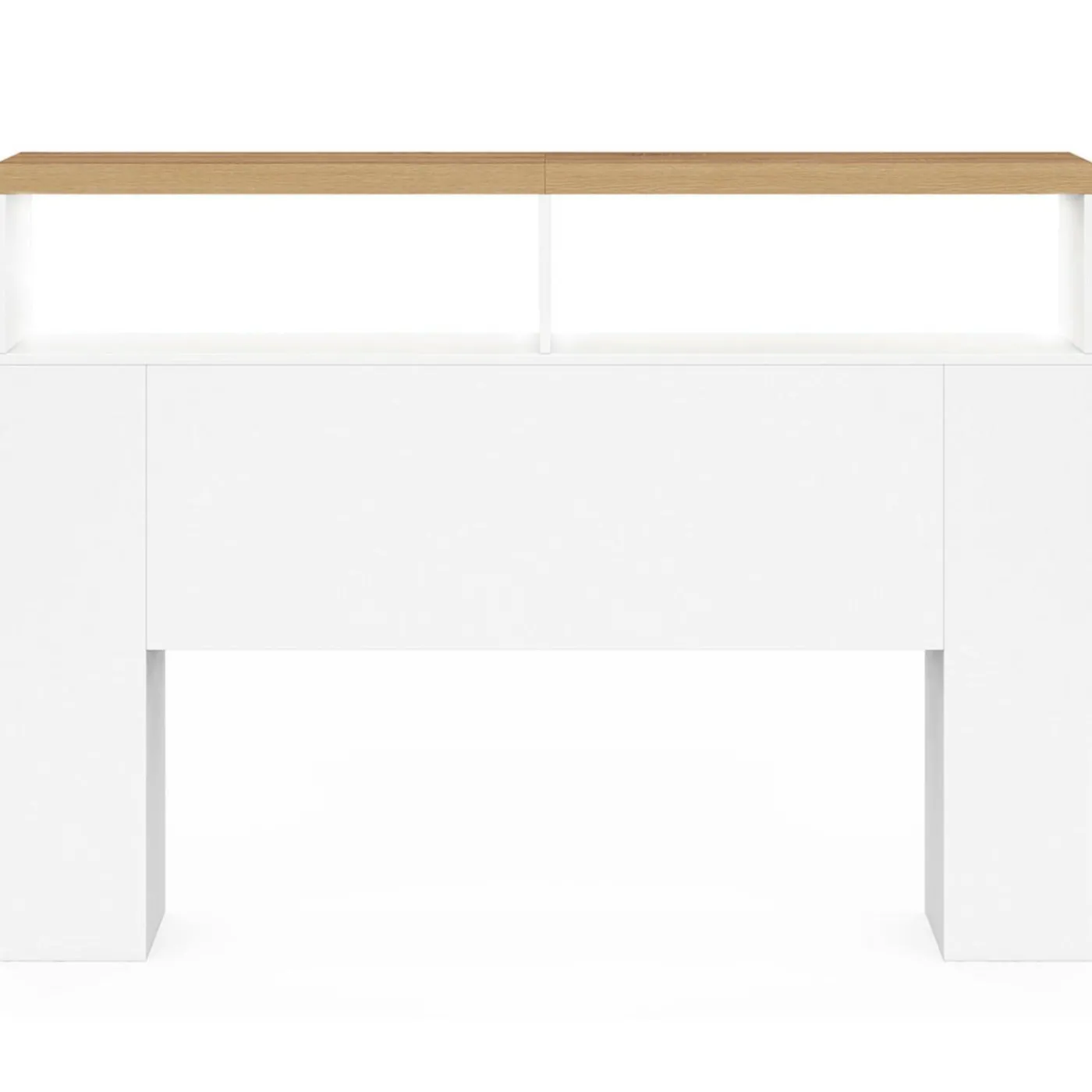 Tête de lit sur pied à LED avec plateau bois 145 cm rangements et niches blanches
