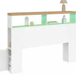 Tête de lit sur pied à LED avec plateau bois 145 cm rangements et niches blanches