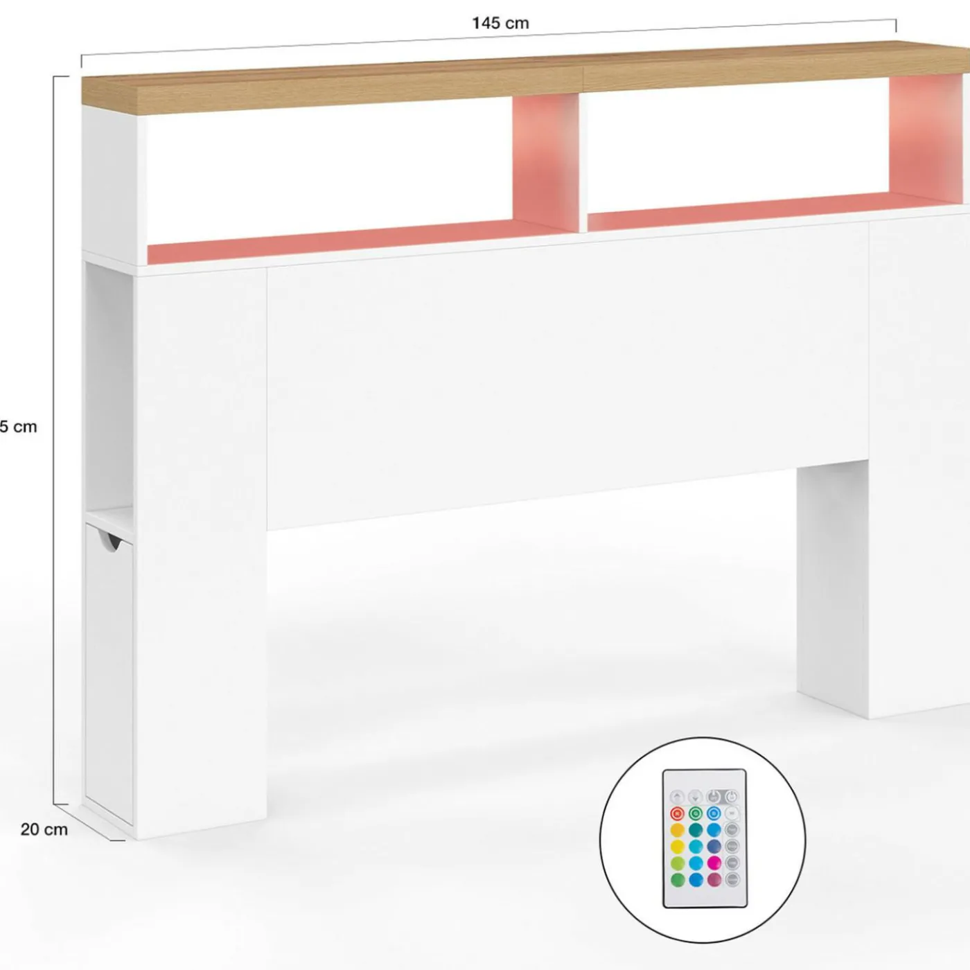 Tête de lit sur pied à LED avec plateau bois 145 cm rangements et niches blanches
